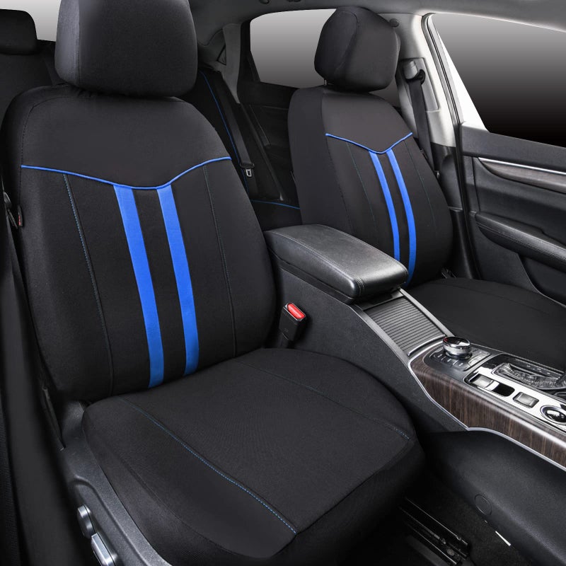 CAR-GRAND Universal Stylish Piping Cloth Car Seat Covers Full Set, Breathable and Washable Seat Covers with Air Compatible,3 Zipper Bench Design,Fit 90% Automotive,SUV,Truck,Sedan (Black-Blue Strips) - Image 2